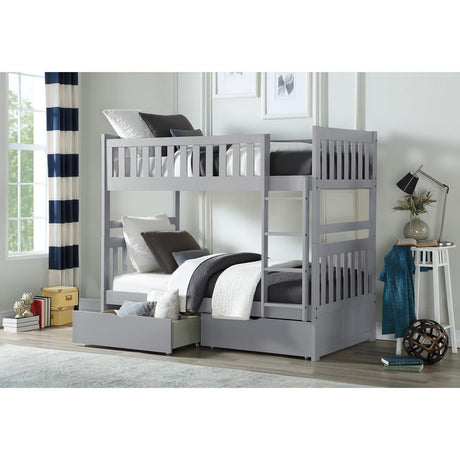 Orion Gray twin over twin bunk bed showcasing storage drawers under bottom bunk