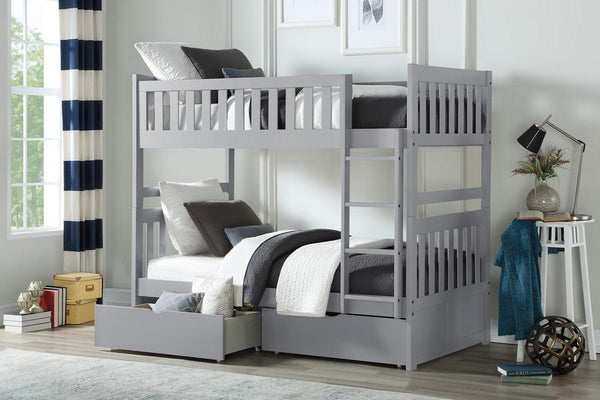 Orion Gray twin over twin bunk bed showcasing storage drawers under bottom bunk