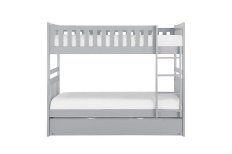 Orion Gray Youth Twin Over Twin Bedroom Set showing storage drawers beneath bunk