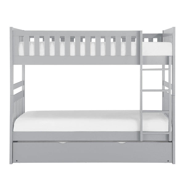 Orion gray twin over twin bunk bed with ladder front view