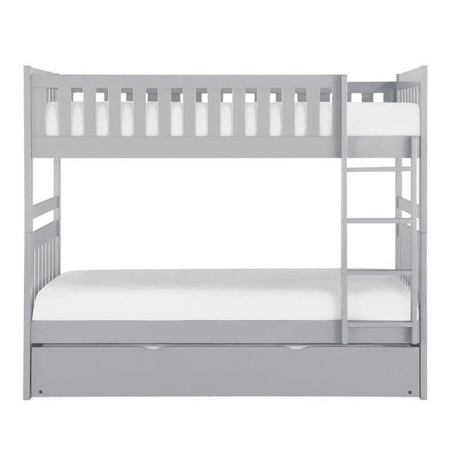 Orion gray twin over twin bunk bed with ladder front view