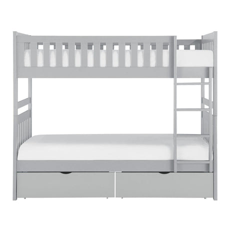 Front view of Orion Gray twin over twin bunk bed with storage drawers