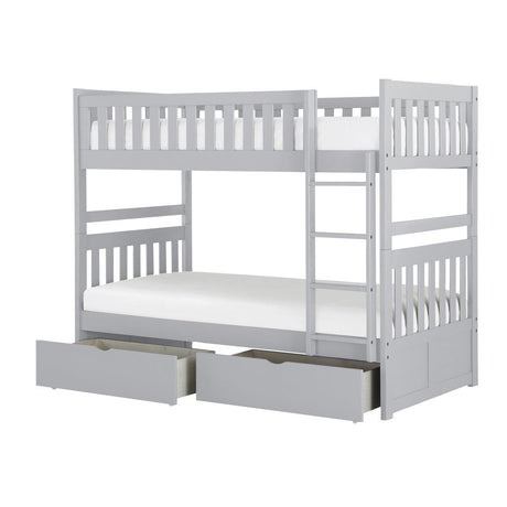 Side view of Orion Gray twin over twin bunk bed with ladder and guard rails