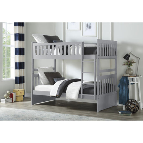 Galen Gray twin over twin bunk bed angled view highlighting storage and ladder