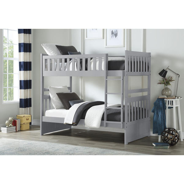 Galen Gray twin over twin bunk bed angled view highlighting storage and ladder