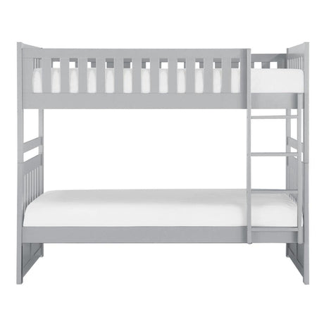 Galen Gray twin over twin bunk bed front view with ladder and storage drawers
