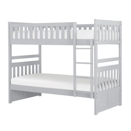 Side view of Galen Gray twin over twin bunk bed showing gray finish and shelves