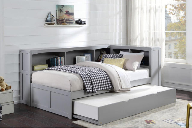 Orion Gray Twin Bookcase Corner Bed styled in youth bedroom setting