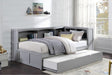 Orion Gray twin corner bookcase bed shown setup in a youth bedroom