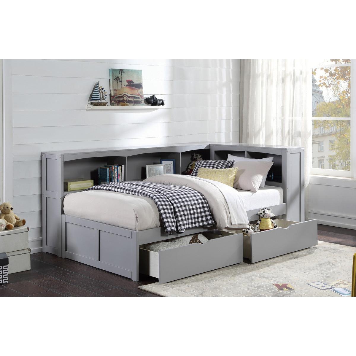 Orion gray twin bookcase corner bed styled in youth bedroom