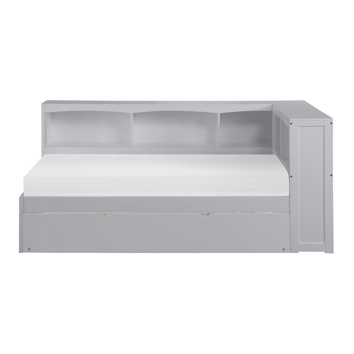Orion Gray twin corner bookcase bed front view