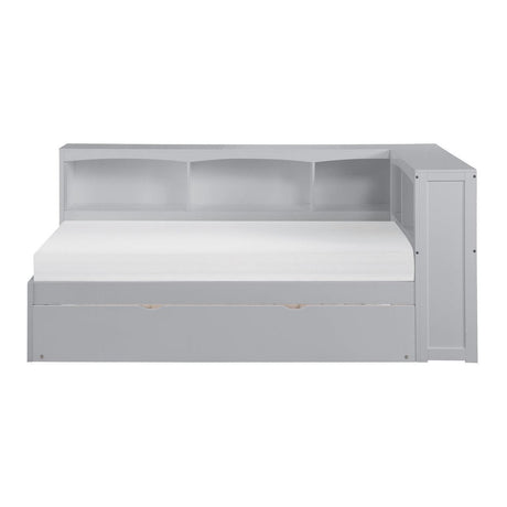 Orion Gray Twin Bookcase Corner Bed front view with trundle tucked in