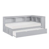 Orion Gray Twin Bookcase Corner Bed with trundle pulled out for extra bed