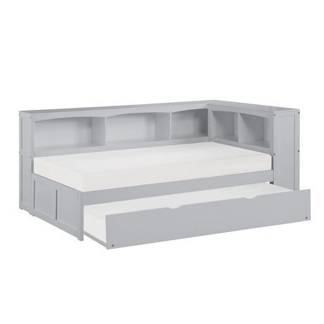 Orion Gray Twin Bookcase Corner Bed with trundle pulled out for extra bed