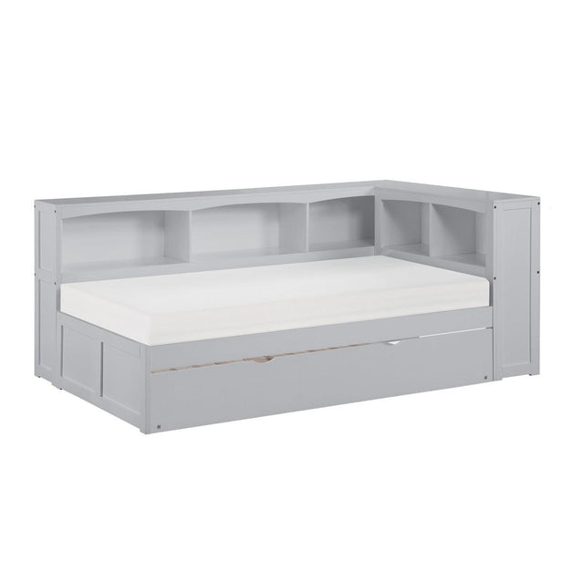 Orion Gray Twin Bookcase Corner Bed side view showing bookcase headboard