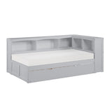 Orion Gray twin corner bookcase bed side view showing bookcase headboard