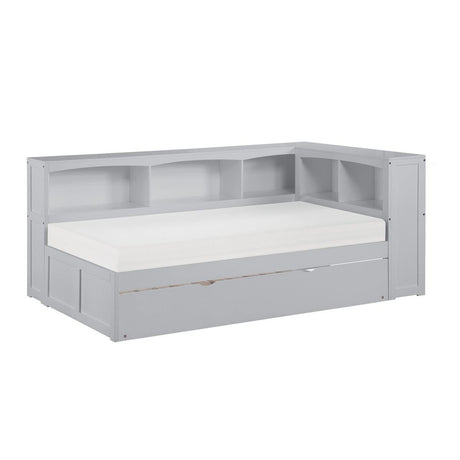 Orion Gray twin corner bookcase bed side view showing bookcase headboard