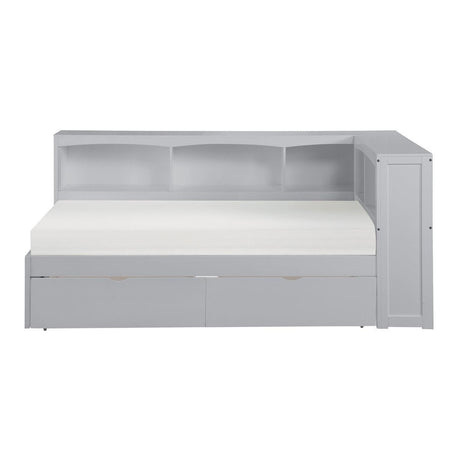 Orion gray twin bookcase corner bed front view