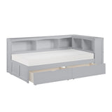 Orion gray twin bookcase corner bed and open storage boxes