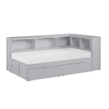 Orion gray twin bookcase corner bed with storage boxes side angle