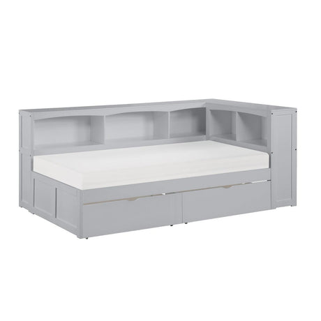 Orion gray twin bookcase corner bed with storage boxes side angle