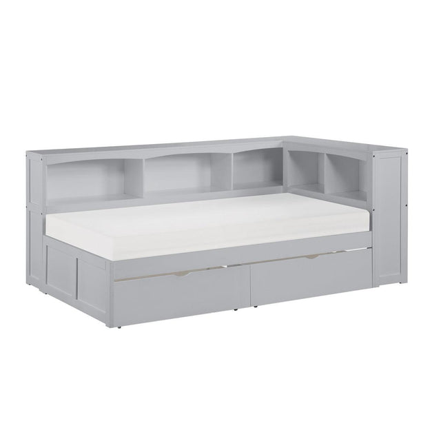 Orion gray twin bookcase corner bed with storage boxes side angle