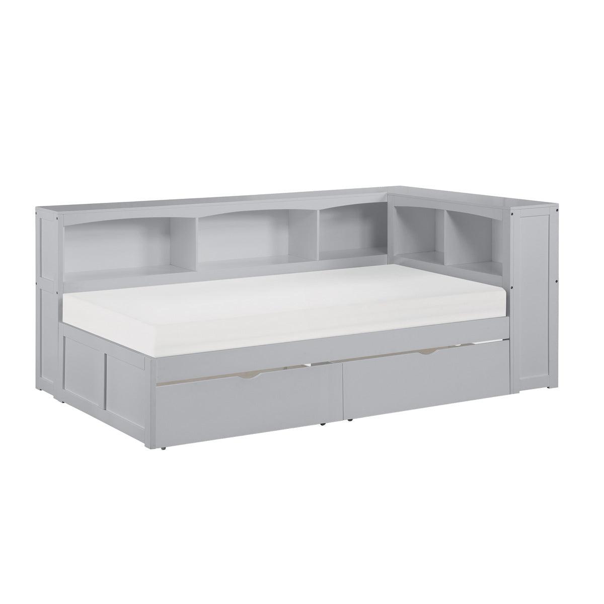 Orion Gray Transitional Wood And Engineered Wood Twin Bookcase Corner Bed With Storage Boxes - Ella Furniture
