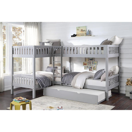 Orion gray corner bunk bed with twin trundle full setup