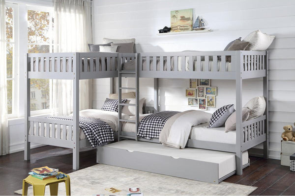 Orion gray corner bunk bed with twin trundle full setup