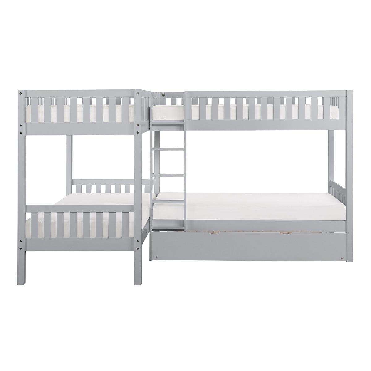 Orion gray corner bunk bed with twin trundle front view