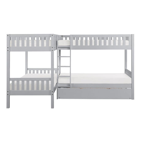 Orion gray corner bunk bed with twin trundle front view
