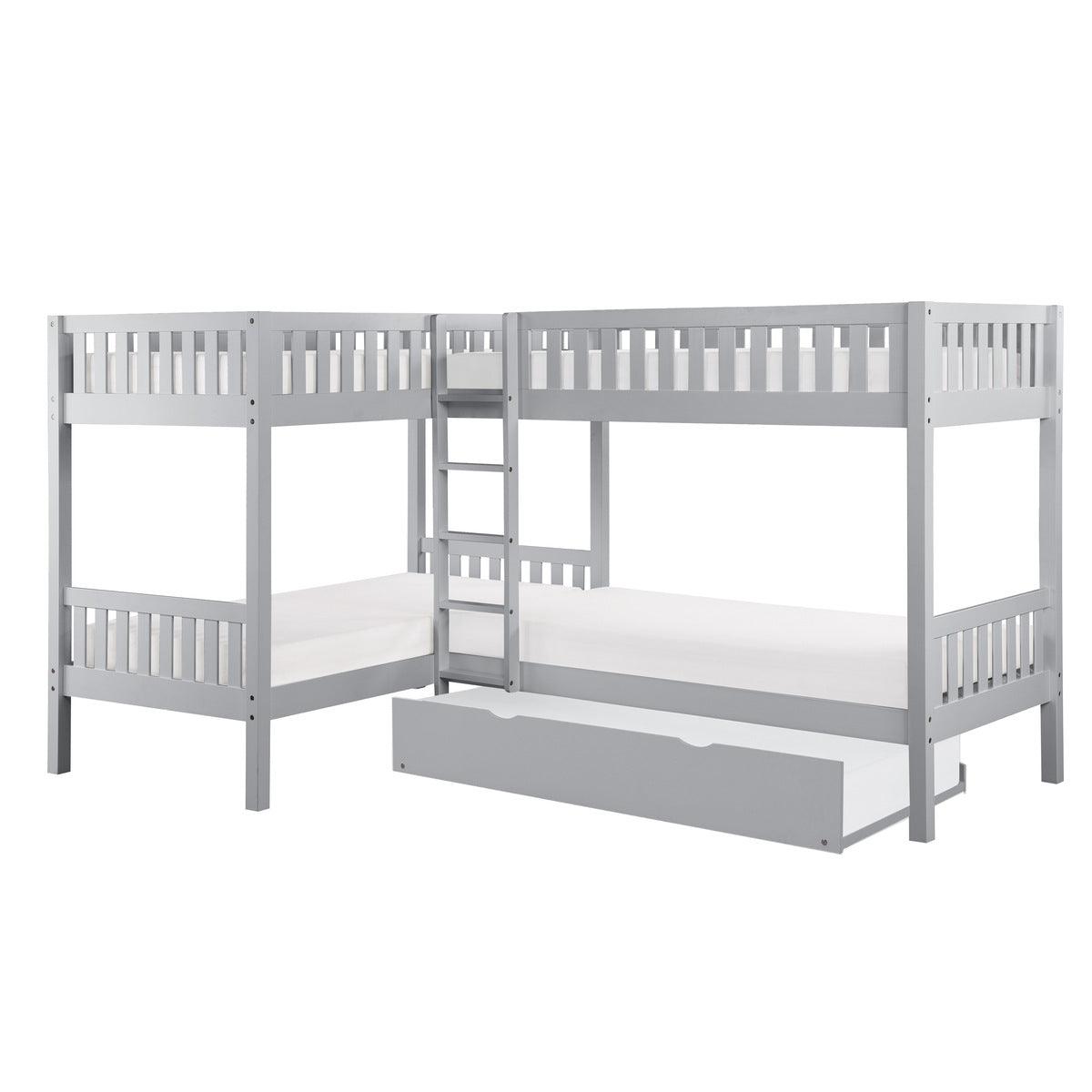 Orion gray corner bunk bed with twin trundle open trundle view