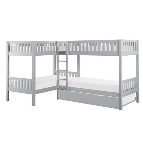 Orion gray corner bunk bed with twin trundle side view