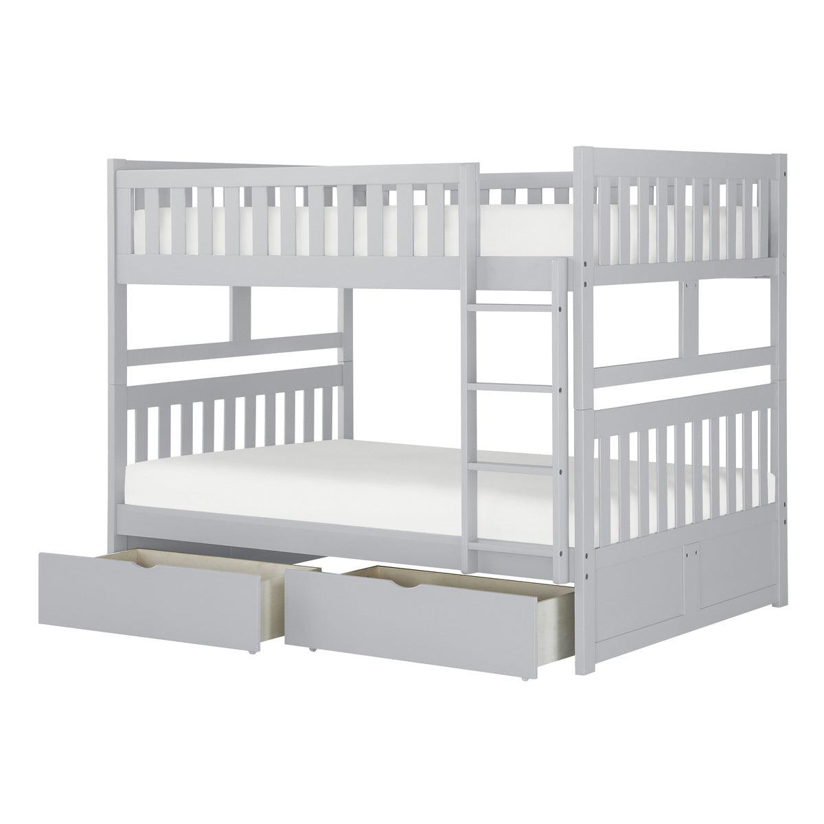 Orion gray full over full bunk bed side view showing storage boxes