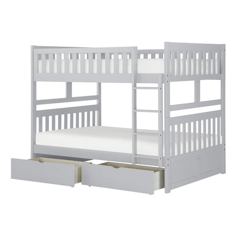 Orion gray full over full bunk bed side view showing storage boxes