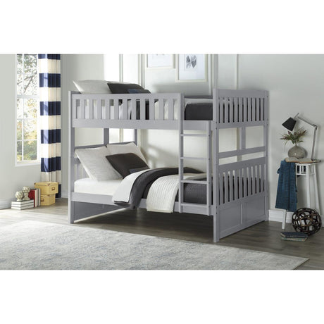 Orion Gray Full Over Full Bunk Bed angled view showcasing guard rails