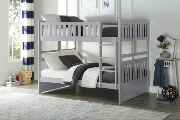 Orion Gray Full Over Full Bunk Bed angled view showcasing guard rails