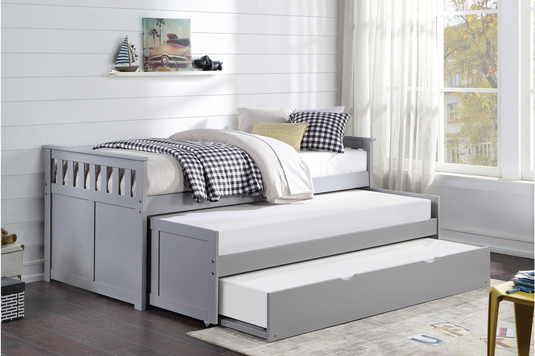 Side angle of Orion Gray twin-over-twin youth bed