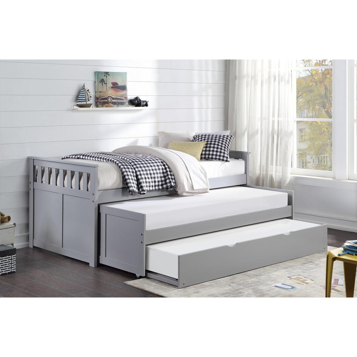 Orion Gray Twin Over Twin Trundle Bed assembled overall view