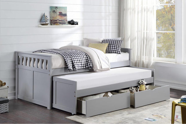 Orion Gray Twin Over Twin Bed with Storage Boxes angled youth bedroom setup