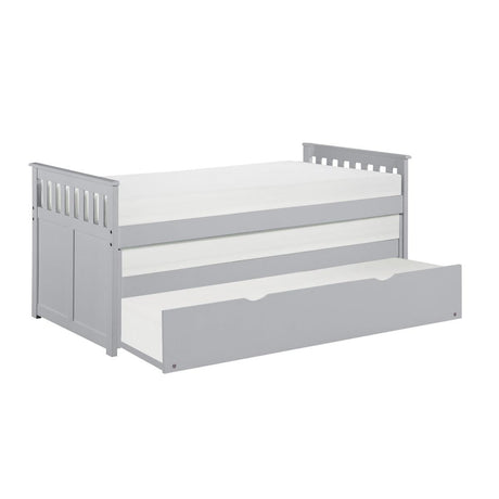 Orion Gray Twin Over Twin Trundle Bed with trundle pulled out front angle
