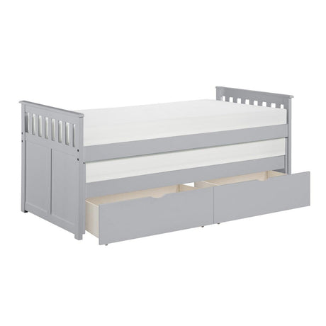 Top drawer and trundle opened on Orion Gray Twin Over Twin Storage Bed