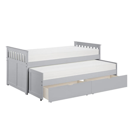 Under-bed storage drawers pulled out on Orion Gray Twin Over Twin Storage Bed