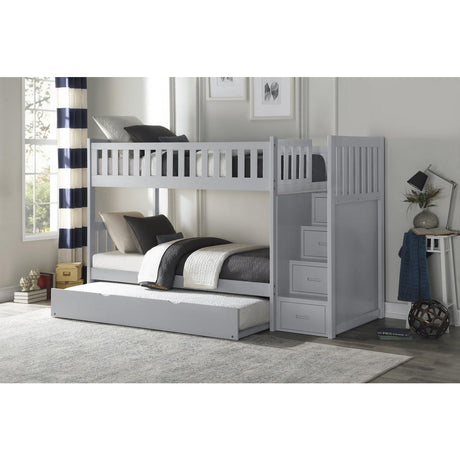 Orion gray twin bunk bed with trundle pulled out