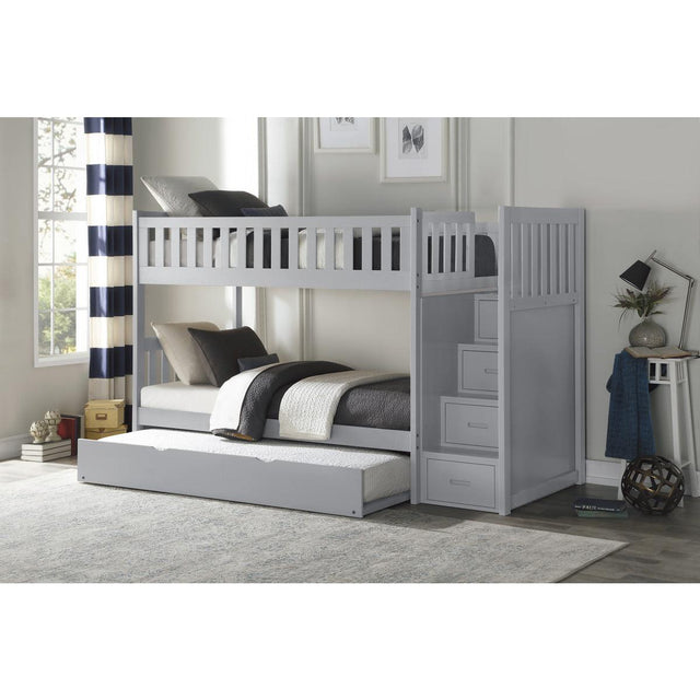 Orion gray twin bunk bed with trundle pulled out