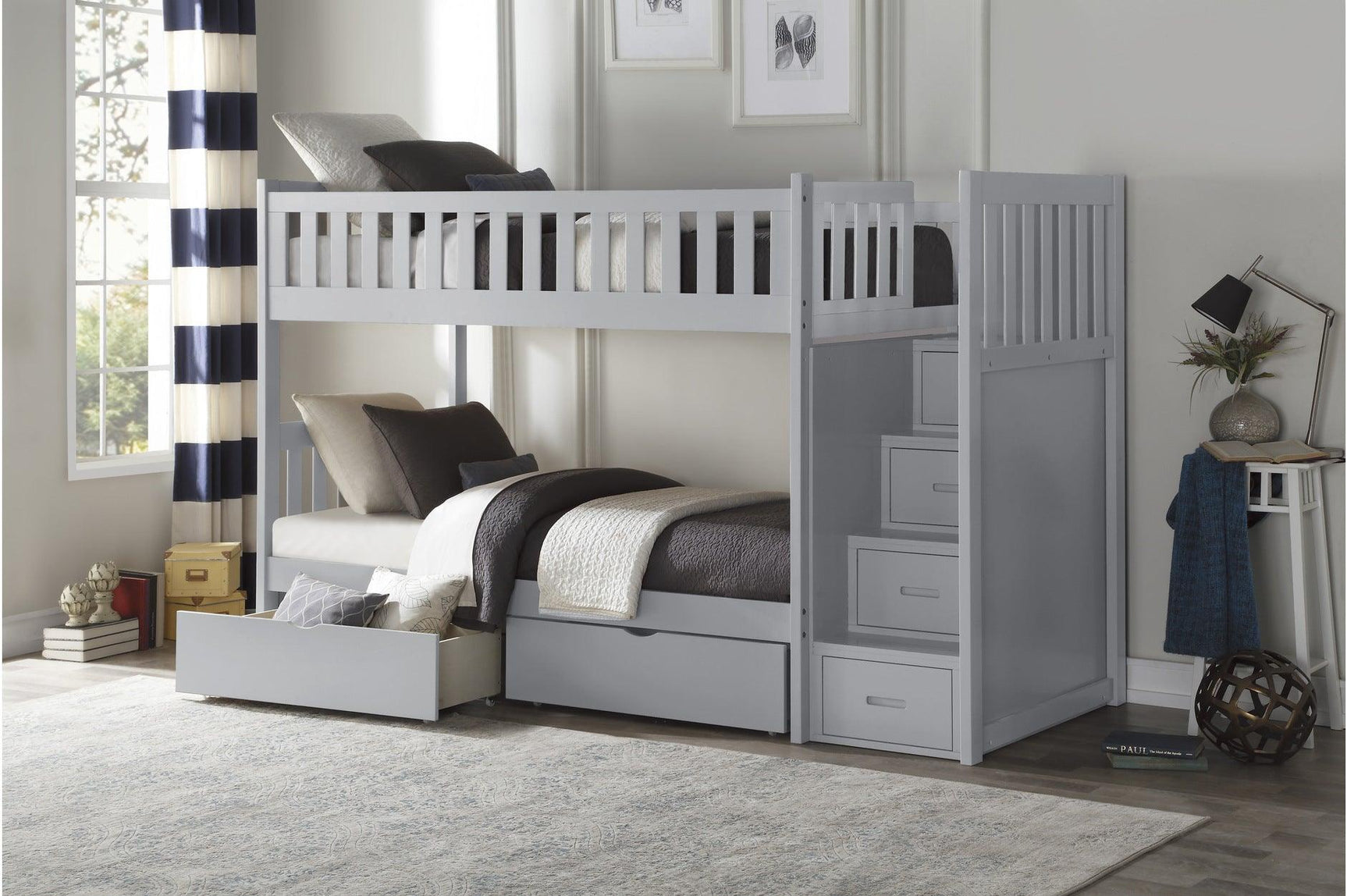 Orion Gray Twin Over Twin Bunk Bed with Storage Stairs top bunk access