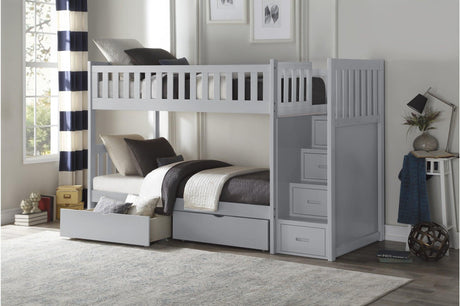 Orion Gray Twin Over Twin Bunk Bed with Storage Stairs top bunk access