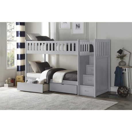 Orion Gray Twin over Twin Bunk Bed with storage boxes and reversible step drawers