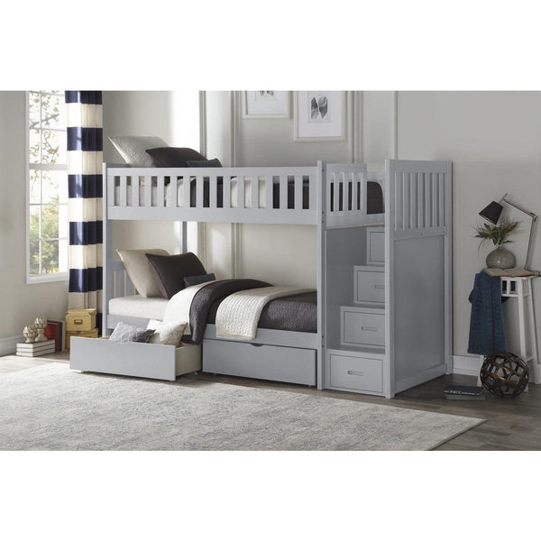 Orion Gray Twin over Twin Bunk Bed with storage boxes and reversible step drawers