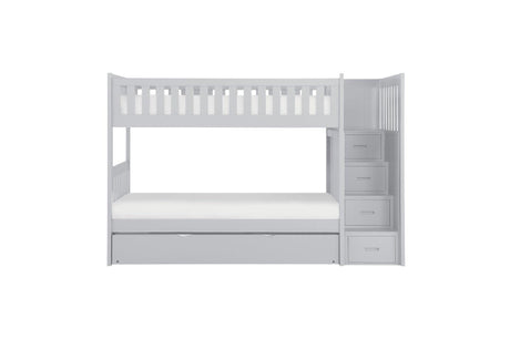 Orion Gray Twin Over Twin Bunk Bed with Storage Stairs full assembled front